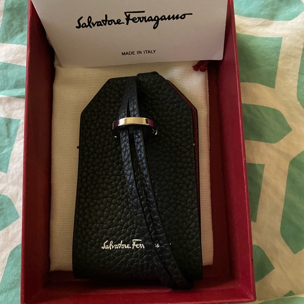 Salvatore Ferragamo Black Leather Luggage Tag New With Box